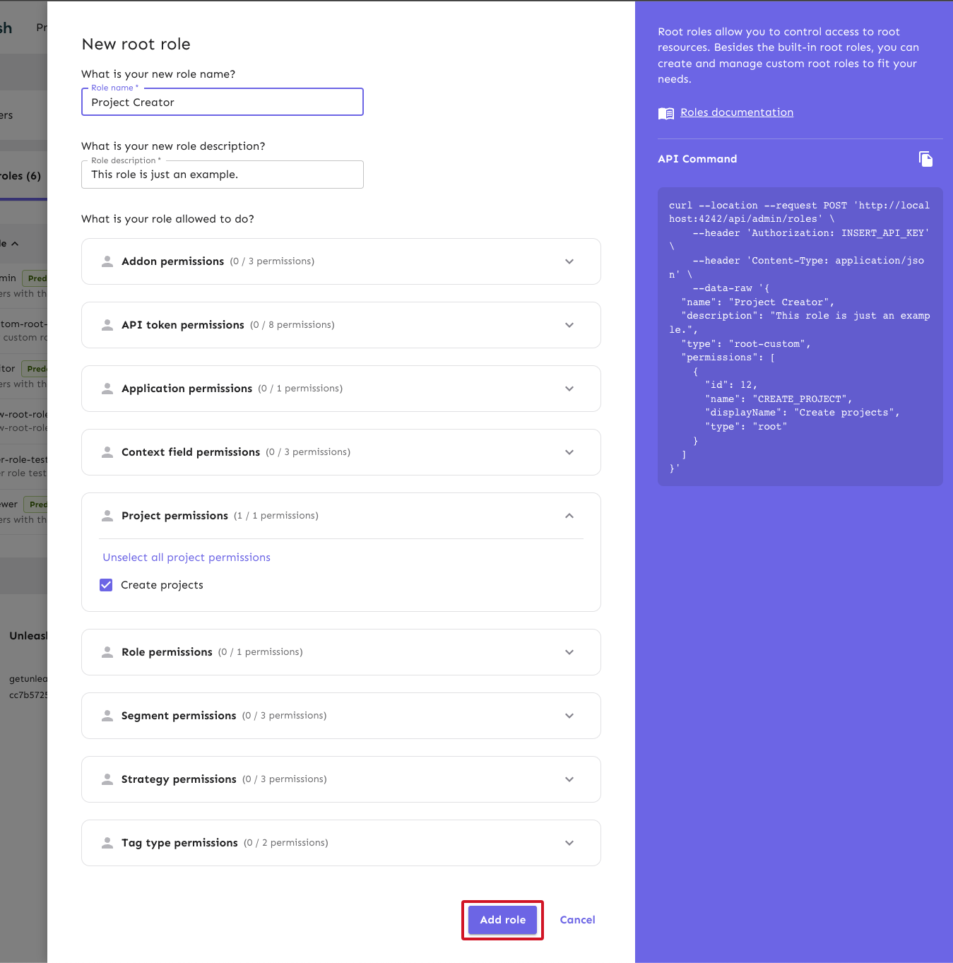 The root role form filled with some example data, and the &quot;add role&quot; button highlighted at the bottom.